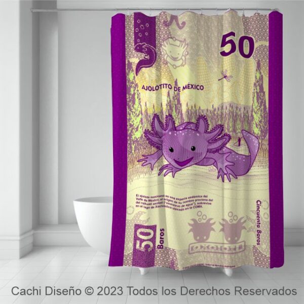 cortina de baño, tijedo antifluidos, 100% polyester, Ajolote, billete de 50 pesos, ajlotito viral original, cobija personalizada y diseñada por Cachi Diseño