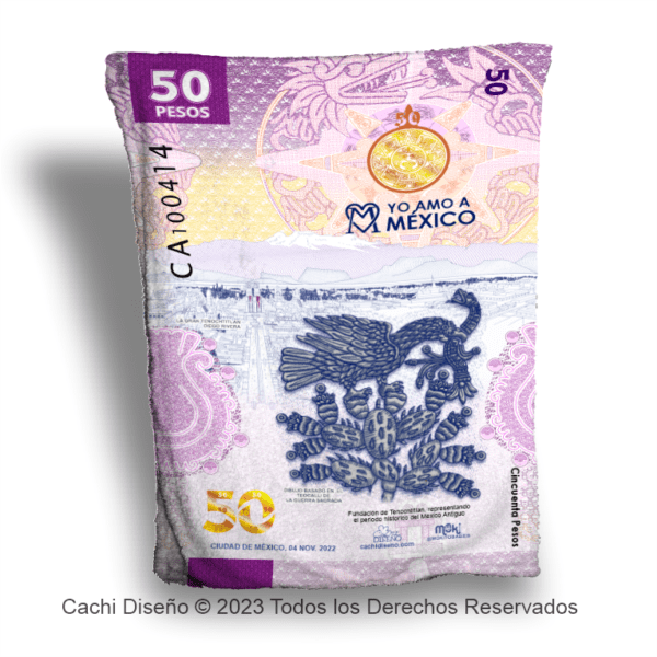 cobija, frazada doble con reverso de borrega, billete de 50 pesos, frente del billete del ajolotito, aguila, fundación de tenochtitlan, teocalli de la guerra sagrada, cobija personalizada por Cachi Diseño, yo amo a méxico