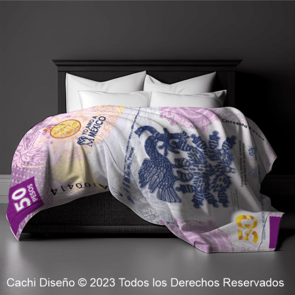 frazada doble con reverso de borrega, billete de 50 pesos, frente del billete del ajolotito, aguila, fundación de tenochtitlan, teocalli de la guerra sagrada, cobija personalizada por Cachi Diseño, yo amo a méxico