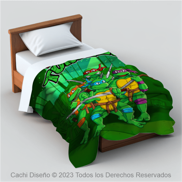 frazada doble con reverso de borrega, cubriendo cama individual, estampado de ninja tortugas adolescentes mutantes, TMNT, cobija personalizada en sublimación de gran formato sobre flannel, por Cachi Diseño